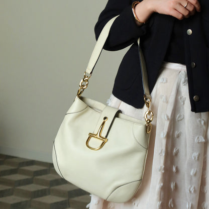 Celine Vintage Classic Creamy Warm White Gold Buckle Shoulder Flap Bag
