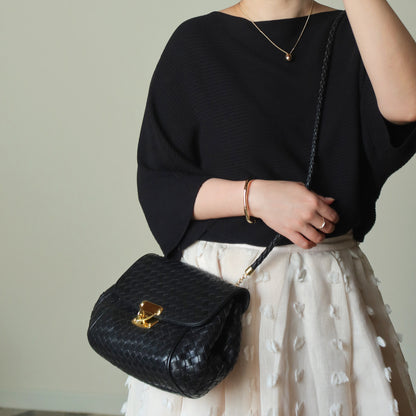 Bottega Veneta Vintage Black Intrecciato Gold Turn lock Braided Strap Crossbody Bag
