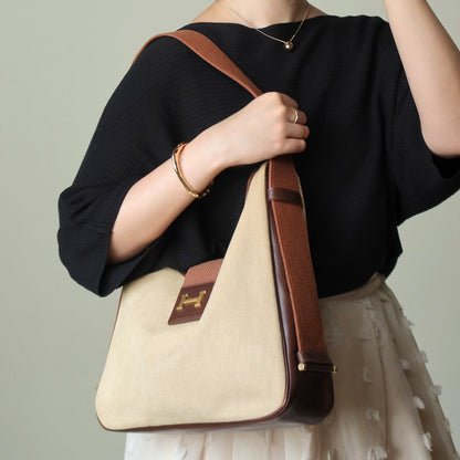 Hermès Vintage '70s Brown Leather Beige Toile Tsako Shoulder Bag