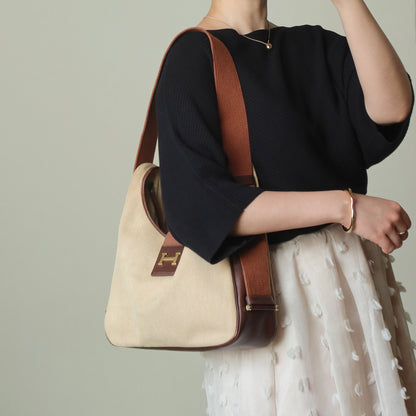 Hermès Vintage '70s Brown Leather Beige Toile Tsako Shoulder Bag