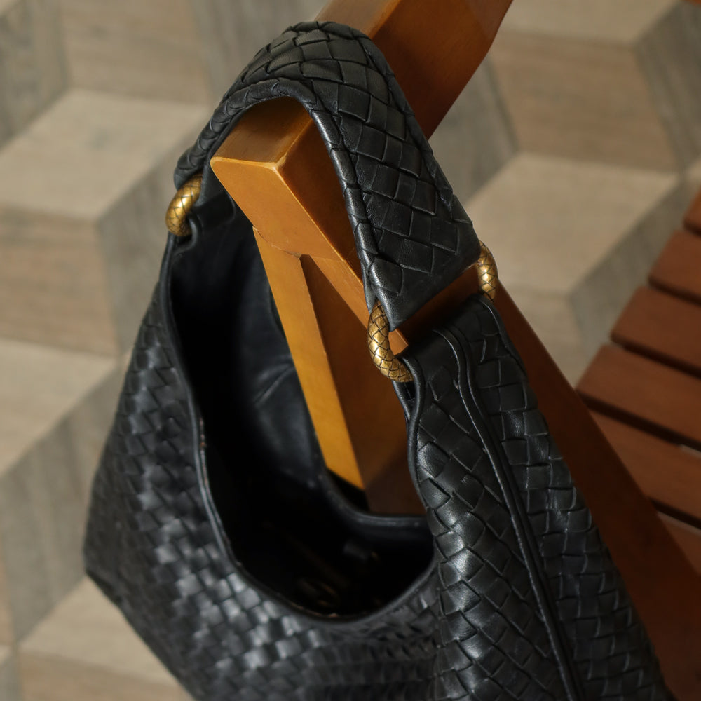 Bottega Veneta Vintage Black Intrecciato Gold Ring Medium Hobo Shoulder Bag