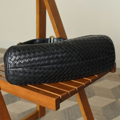 Bottega Veneta Vintage Black Intrecciato Gold Ring Medium Hobo Shoulder Bag
