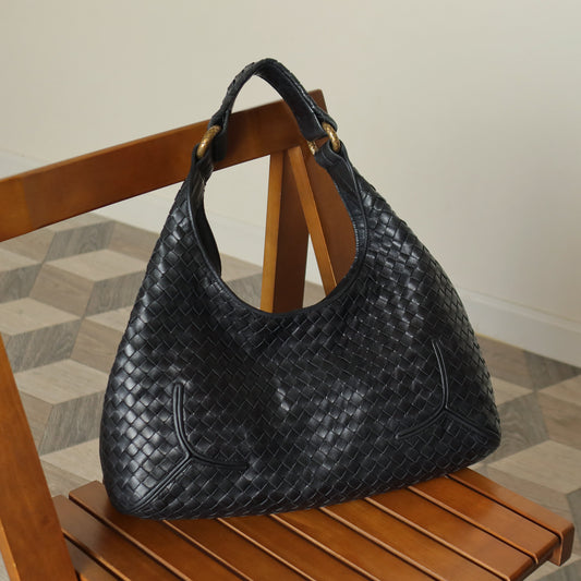 Bottega Veneta Vintage Black Intrecciato Gold Ring Medium Hobo Shoulder Bag