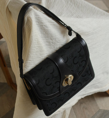 Celine Vintage Black Horse Carriage Triomphe Turn Lock Shoulder Bag