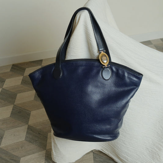 Christian Dior Vintage Dark Navy Leather Gold CD charm Large Shoulder Bag