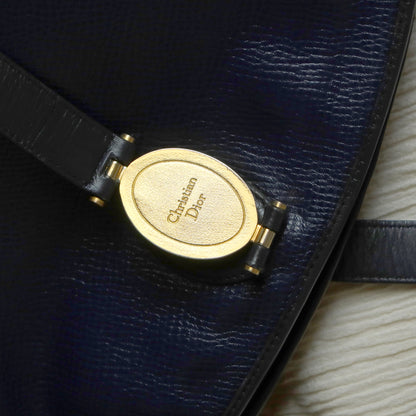 Christian Dior Vintage Dark Navy Leather Gold CD charm Large Shoulder Bag