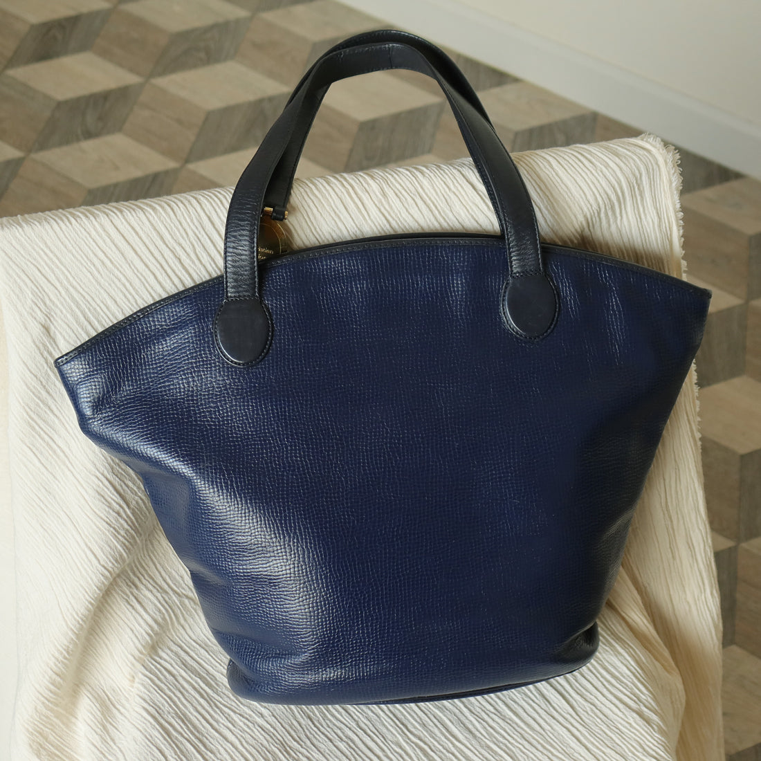 Christian Dior Vintage Dark Navy Leather Gold CD charm Large Shoulder Bag