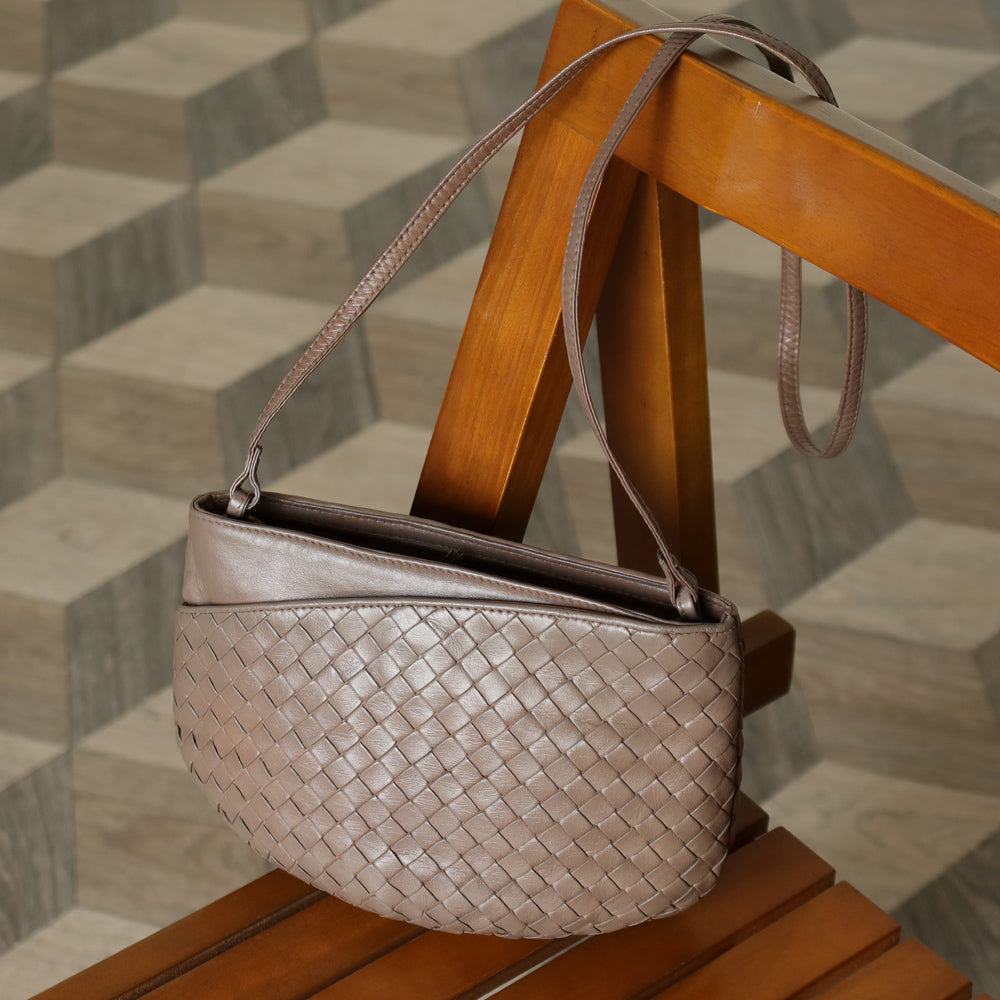 Bottega Veneta Vintage Ash Brown Intrecciato Weave Pouch Shoulder Bag