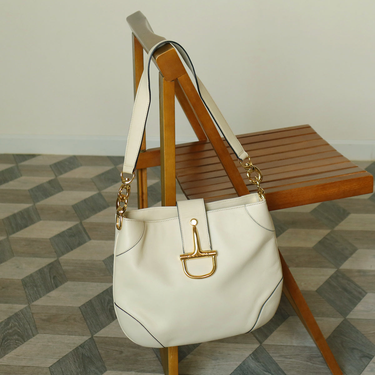 Celine Vintage Classic Creamy Warm White Gold Buckle Shoulder Flap Bag