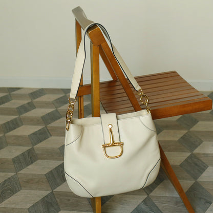 Celine Vintage Classic Creamy Warm White Gold Buckle Shoulder Flap Bag