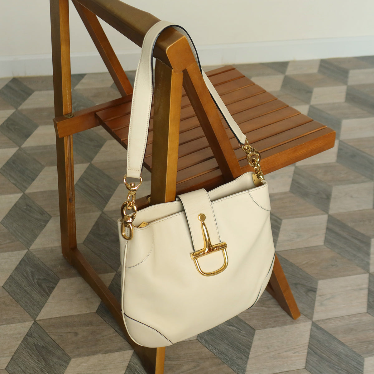 Celine Vintage Classic Creamy Warm White Gold Buckle Shoulder Flap Bag