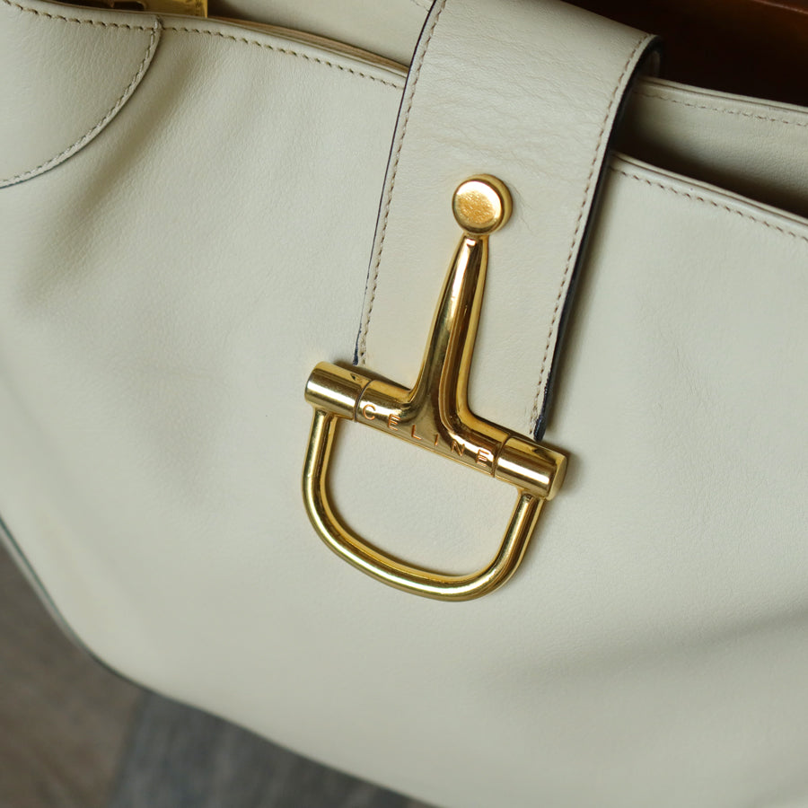 Celine Vintage Classic Creamy Warm White Gold Buckle Shoulder Flap Bag
