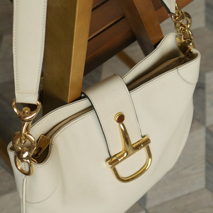 Celine Vintage Classic Creamy Warm White Gold Buckle Shoulder Flap Bag