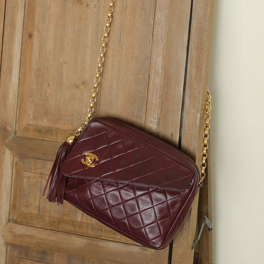 Vintage Chanel Burgundy Lambskin Diamond Quilted CC Tassel Bijoux Camera Bag