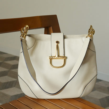 Celine Vintage Classic Creamy Warm White Gold Buckle Shoulder Flap Bag