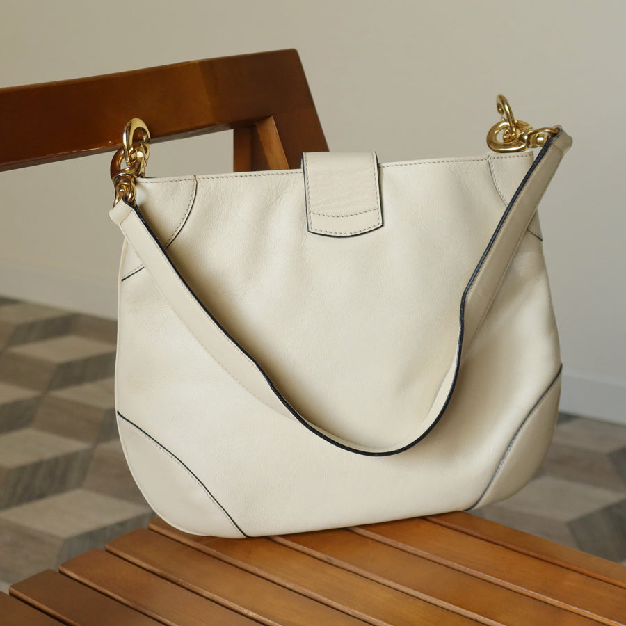 Celine Vintage Classic Creamy Warm White Gold Buckle Shoulder Flap Bag