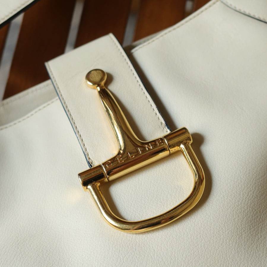 Celine Vintage Classic Creamy Warm White Gold Buckle Shoulder Flap Bag