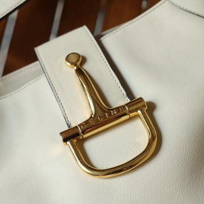 Celine Vintage Classic Creamy Warm White Gold Buckle Shoulder Flap Bag