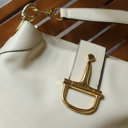 Celine Vintage Classic Creamy Warm White Gold Buckle Shoulder Flap Bag