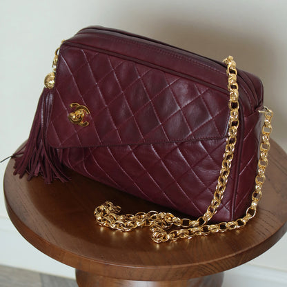 Vintage Chanel Burgundy Lambskin Diamond Quilted CC Tassel Bijoux Camera Bag