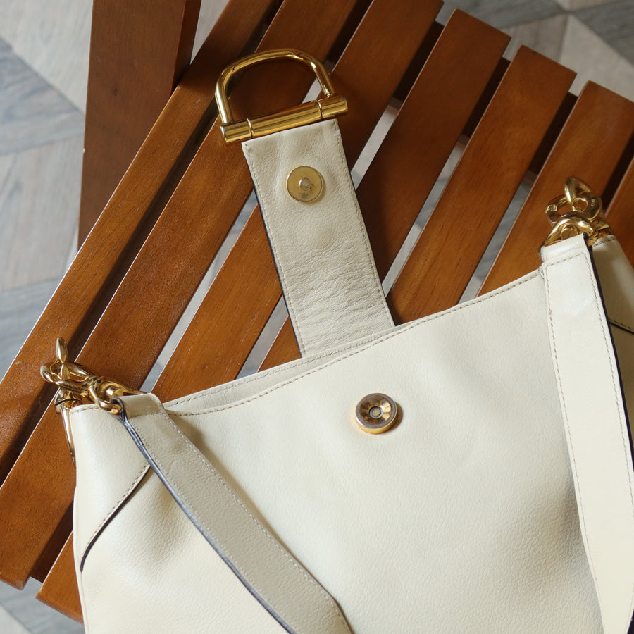 Celine Vintage Classic Creamy Warm White Gold Buckle Shoulder Flap Bag