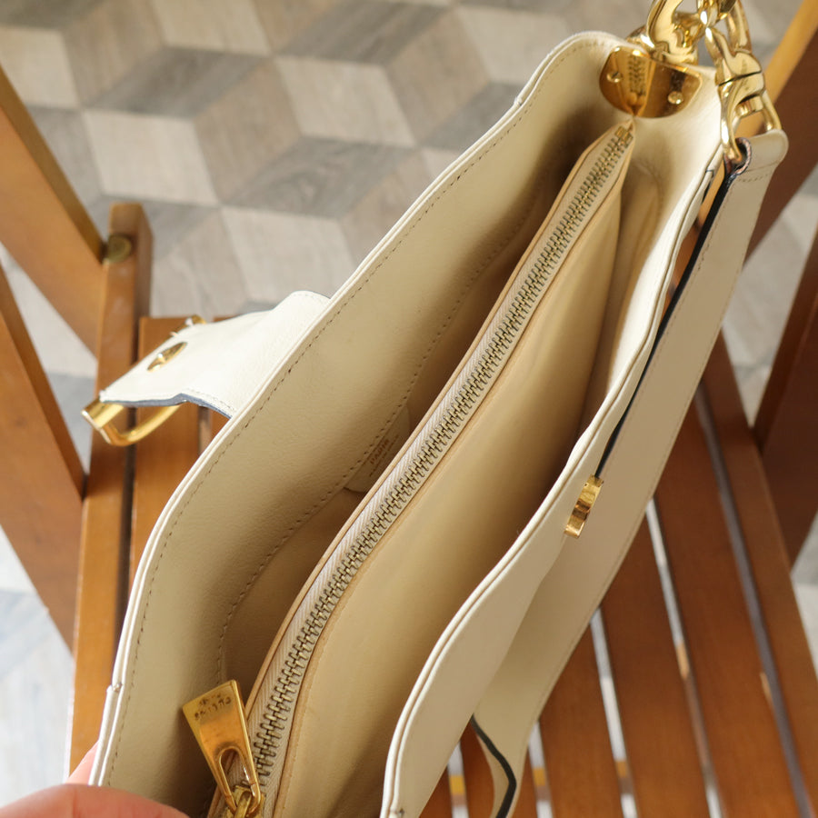 Celine Vintage Classic Creamy Warm White Gold Buckle Shoulder Flap Bag