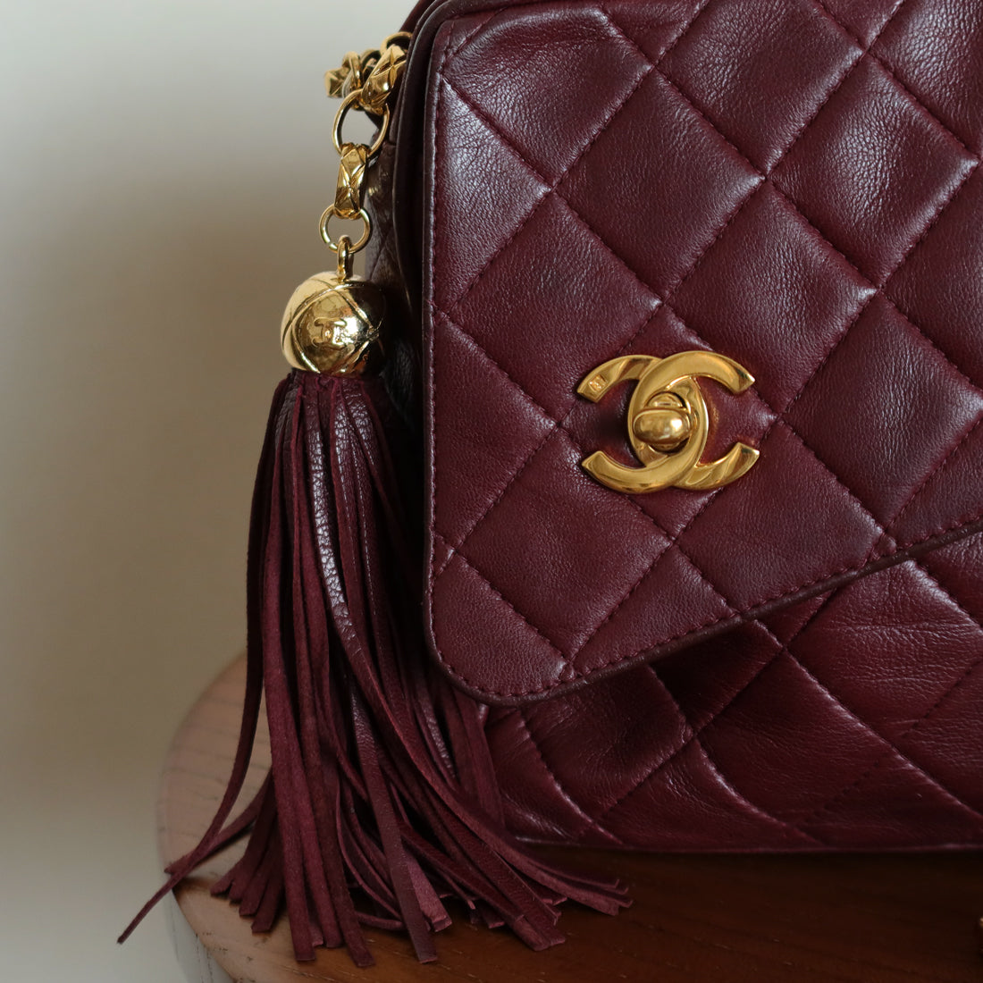 Vintage Chanel Burgundy Lambskin Diamond Quilted CC Tassel Bijoux Camera Bag