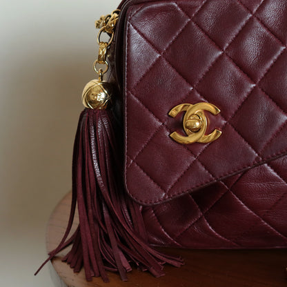 Vintage Chanel Burgundy Lambskin Diamond Quilted CC Tassel Bijoux Camera Bag