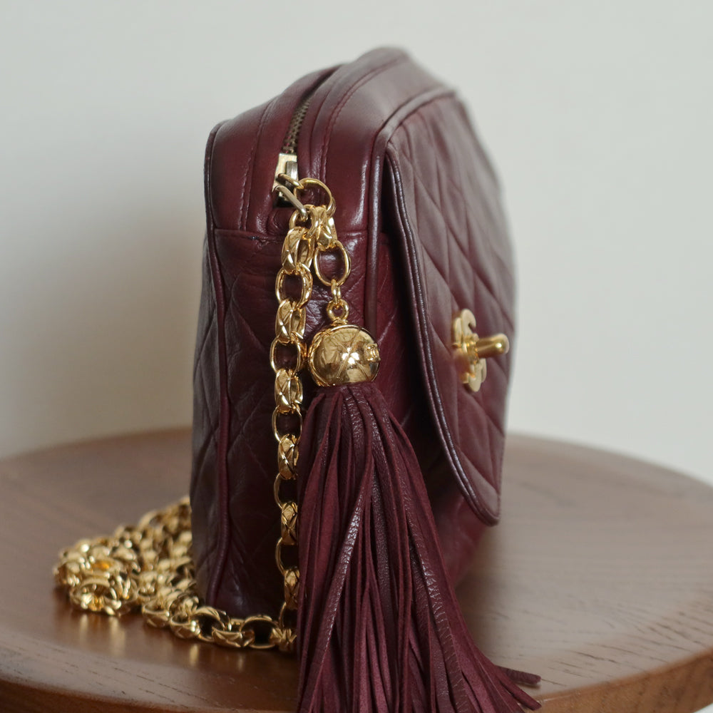 Vintage Chanel Burgundy Lambskin Diamond Quilted CC Tassel Bijoux Camera Bag