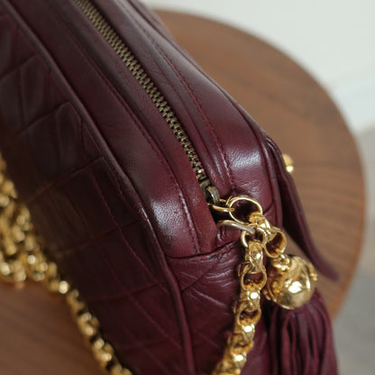 Vintage Chanel Burgundy Lambskin Diamond Quilted CC Tassel Bijoux Camera Bag
