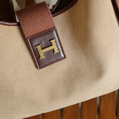 Hermès Vintage '70s Brown Leather Beige Toile Tsako Shoulder Bag