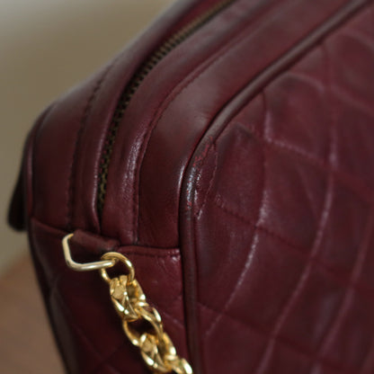 Vintage Chanel Burgundy Lambskin Diamond Quilted CC Tassel Bijoux Camera Bag