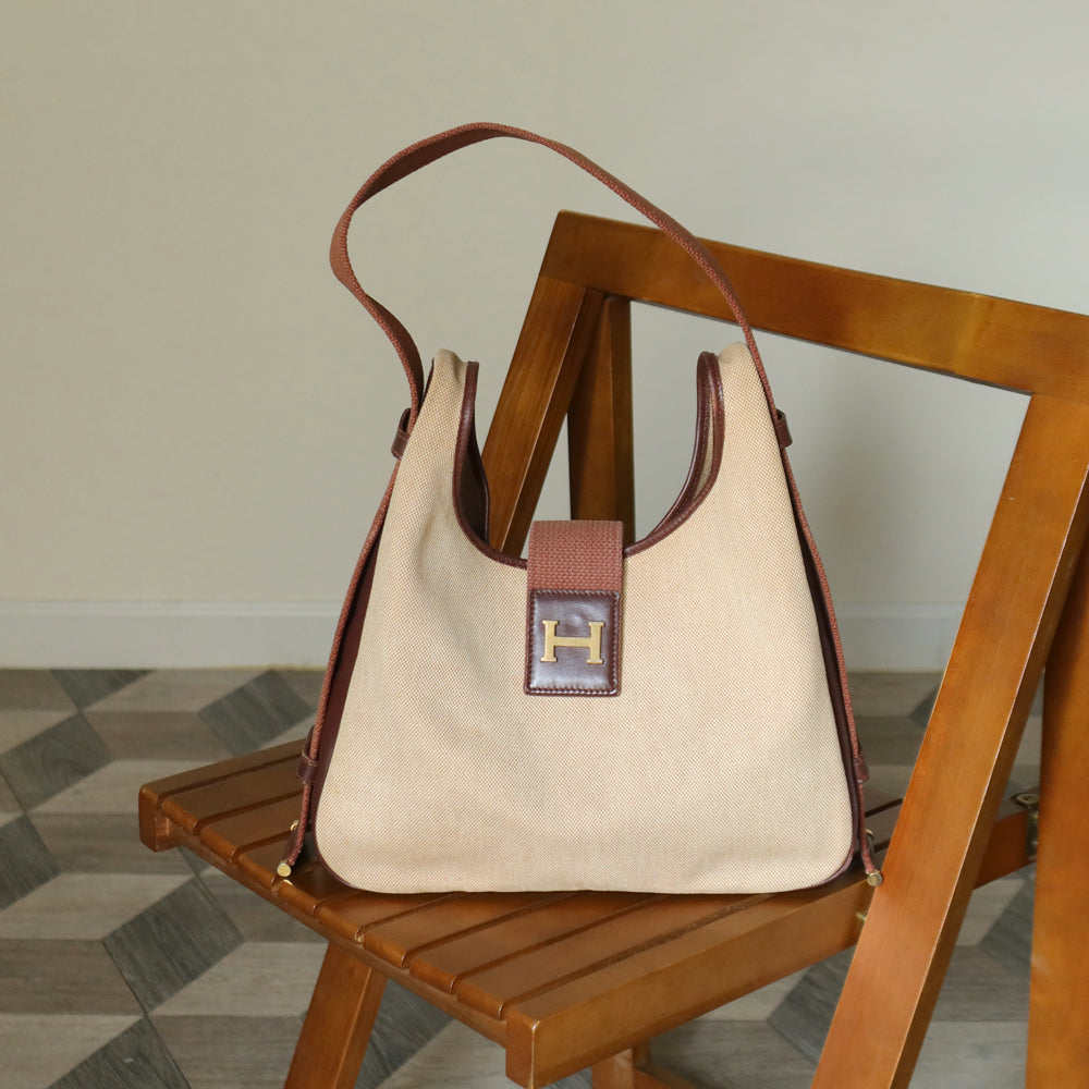 Hermès Vintage '70s Brown Leather Beige Toile Tsako Shoulder Bag