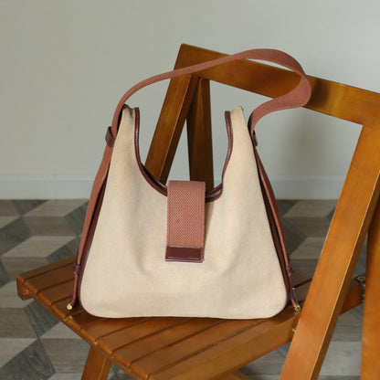 Hermès Vintage '70s Brown Leather Beige Toile Tsako Shoulder Bag