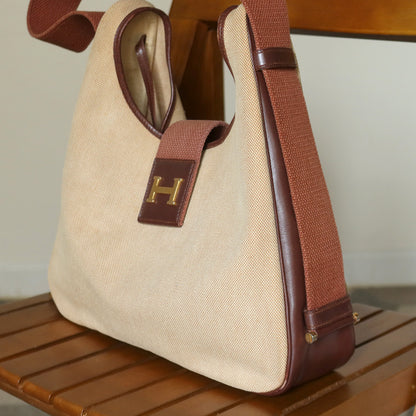 Hermès Vintage '70s Brown Leather Beige Toile Tsako Shoulder Bag