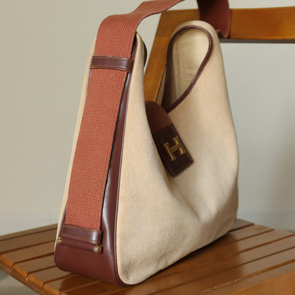Hermès Vintage '70s Brown Leather Beige Toile Tsako Shoulder Bag