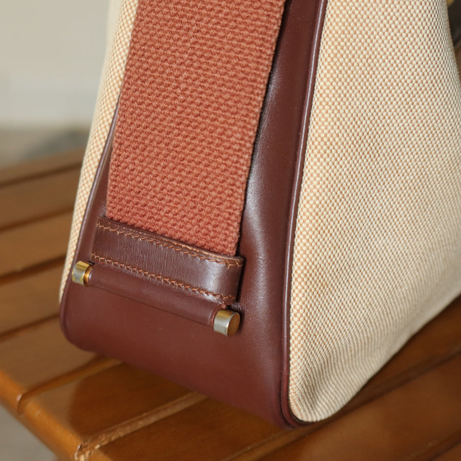 Hermès Vintage '70s Brown Leather Beige Toile Tsako Shoulder Bag