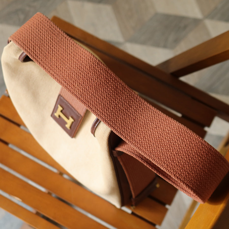 Hermès Vintage '70s Brown Leather Beige Toile Tsako Shoulder Bag