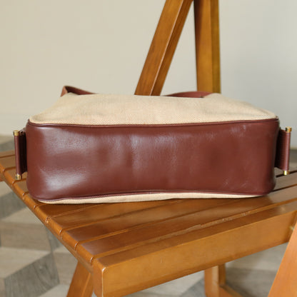 Hermès Vintage '70s Brown Leather Beige Toile Tsako Shoulder Bag