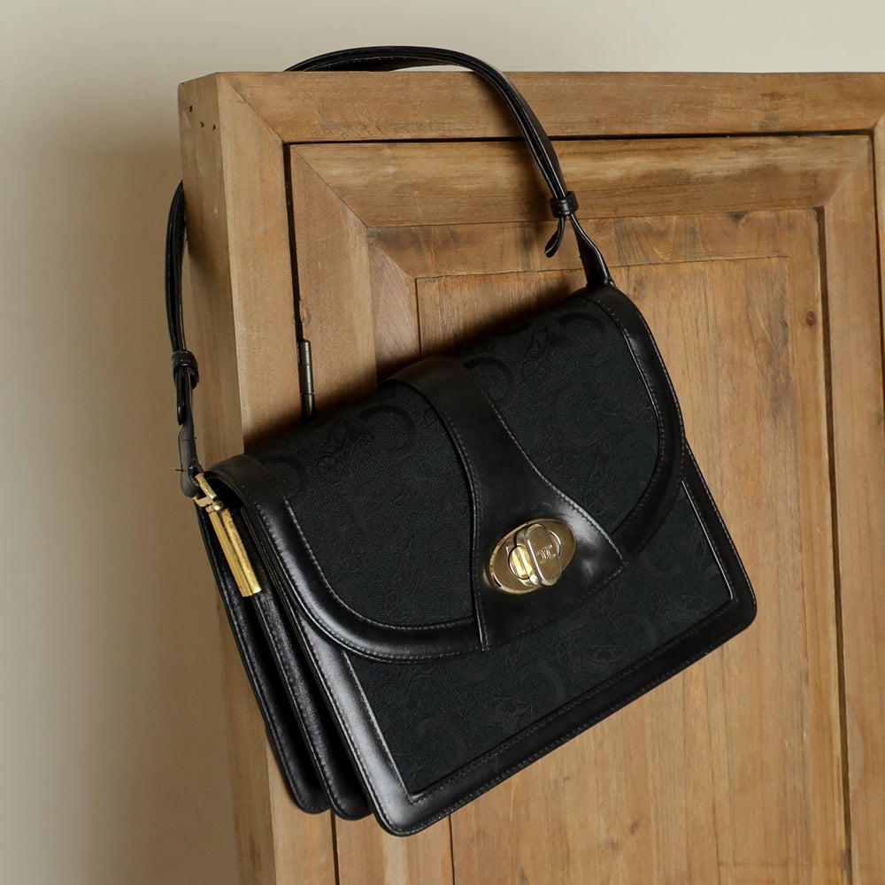 Celine Vintage Black Horse Carriage Triomphe Turn Lock Shoulder Bag