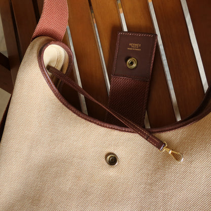 Hermès Vintage '70s Brown Leather Beige Toile Tsako Shoulder Bag