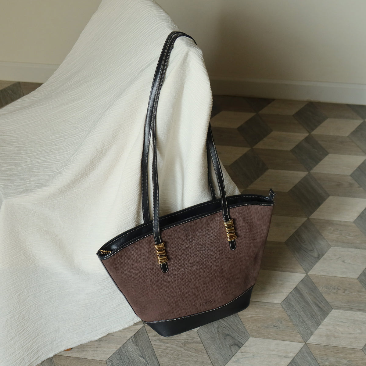 Loewe Vintage Black Brown Velazquez Leather Large Shopper Shoulder Bag