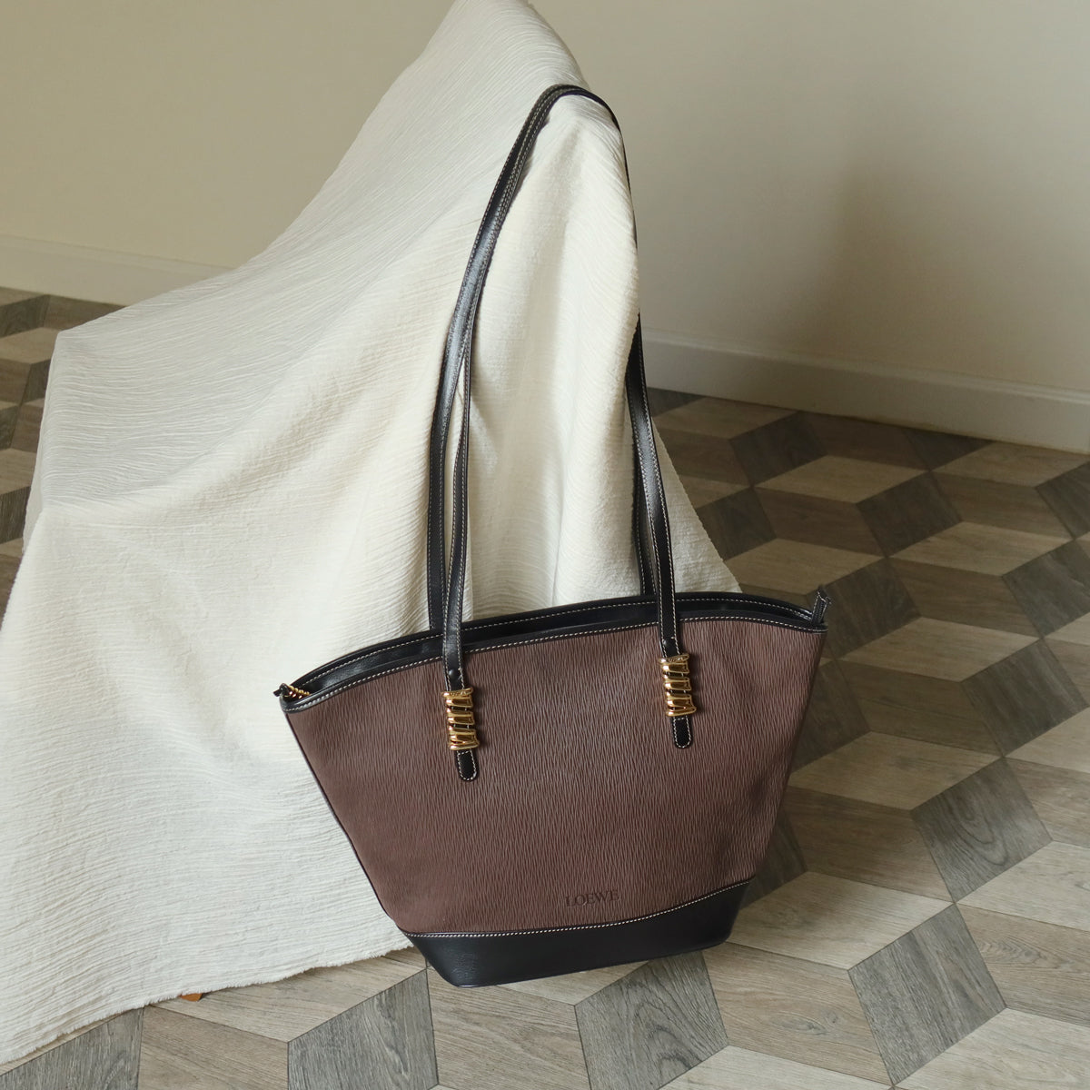 Loewe Vintage Black Brown Velazquez Leather Large Shopper Shoulder Bag