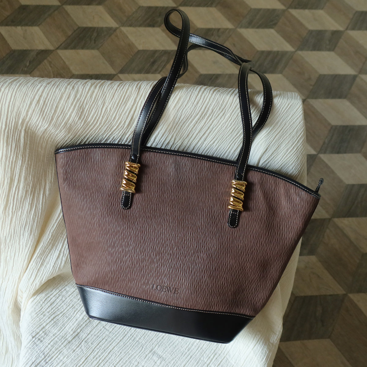 Loewe Vintage Black Brown Velazquez Leather Large Shopper Shoulder Bag