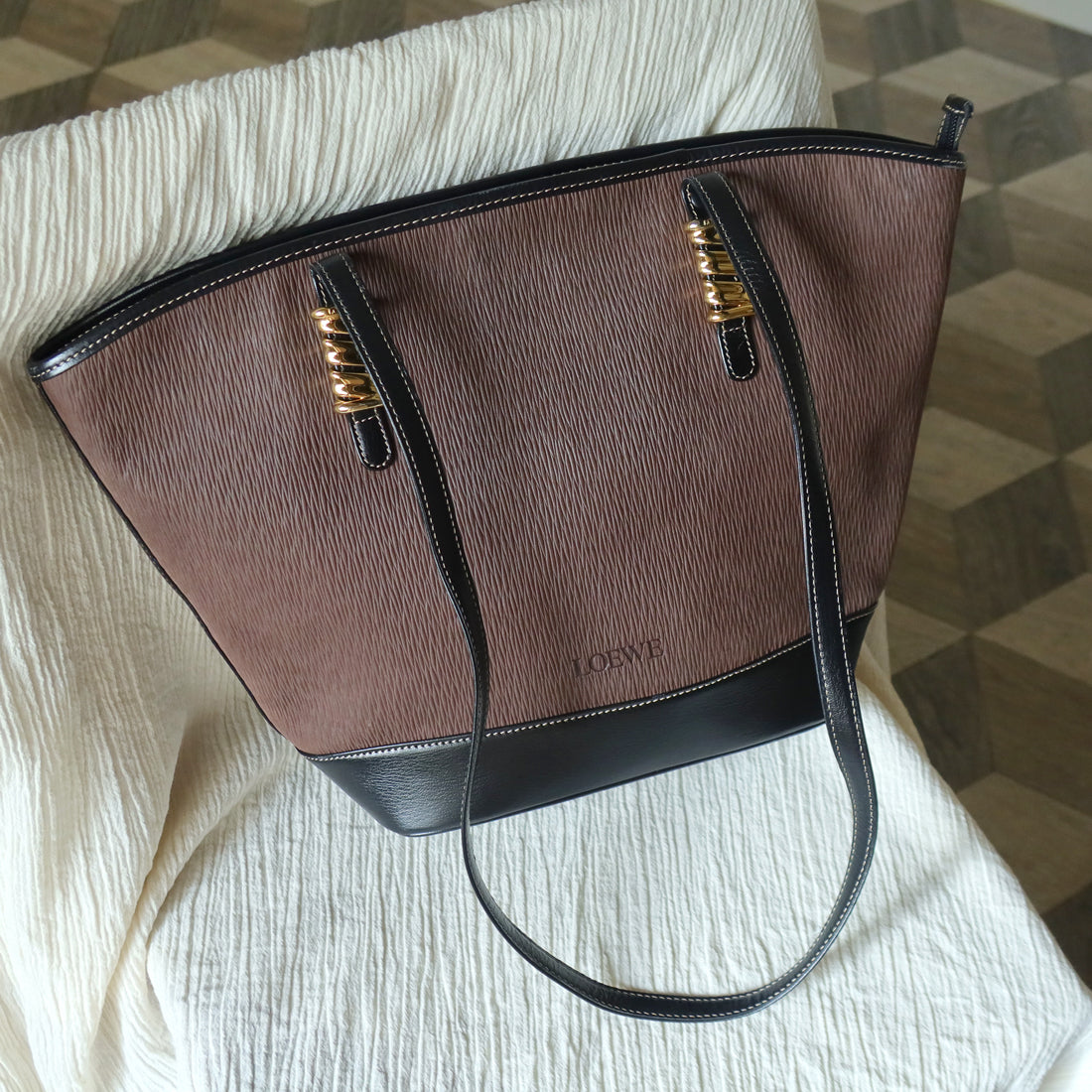 Loewe Vintage Black Brown Velazquez Leather Large Shopper Shoulder Bag