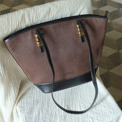 Loewe Vintage Black Brown Velazquez Leather Large Shopper Shoulder Bag