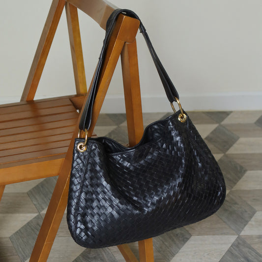 Bottega Veneta Vintage Black Intrecciato Mismatch Rings Hobo Shoulder Bag