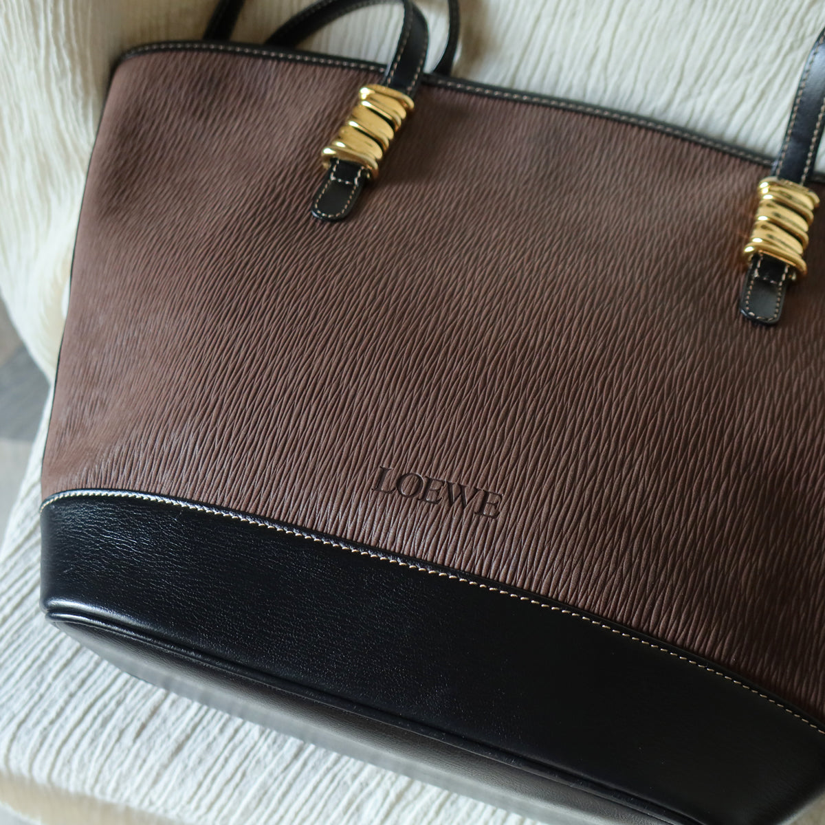 Loewe Vintage Black Brown Velazquez Leather Large Shopper Shoulder Bag