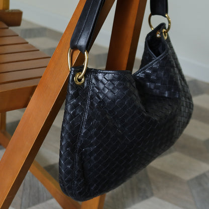 Bottega Veneta Vintage Black Intrecciato Mismatch Rings Hobo Shoulder Bag