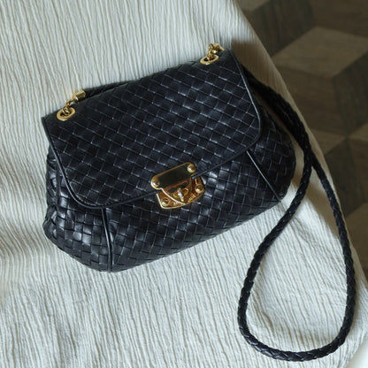 Bottega Veneta Vintage Black Intrecciato Gold Turn lock Braided Strap Crossbody Bag